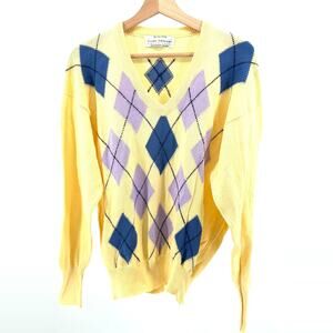 Vintage 90s Clark & Gregory Yellow 100% Cotton Argyle Knit Sweater
